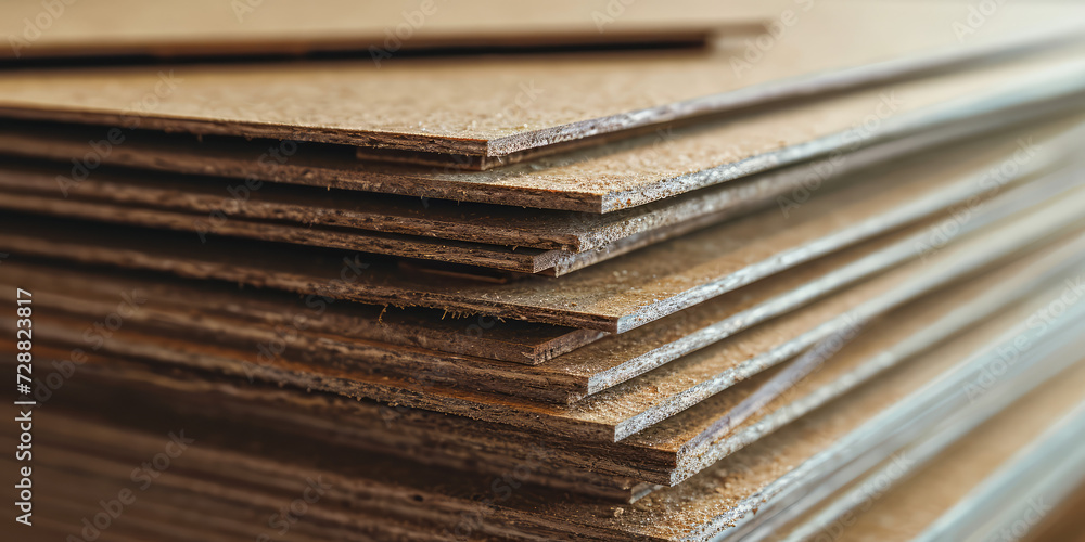 Stacked Chipboard Sheets in Carpentry Workshop. Wallpaper background Close-up of multiple stacked sheets of chipboard, texture and layers of the wood product, nobody. Stacked Chipboard Sheets in Carpentry Workshop. Wallpaper background Close-up of multiple stacked sheets of chipboard, texture and layers of the wood product, nobody.