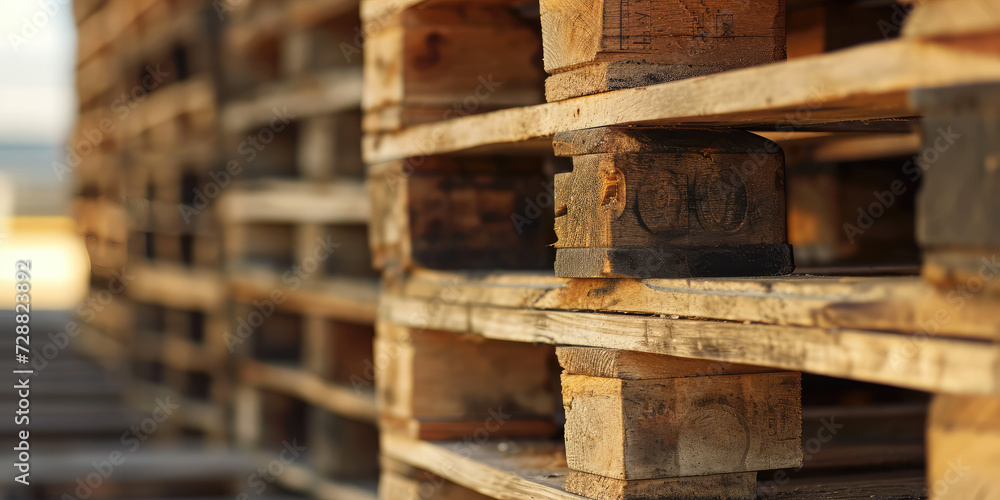 Stacked old Wooden Euro Pallets Close-Up. A detailed close-up of stacked Euro pallets used for cargo and freight, textured wood, banner background.