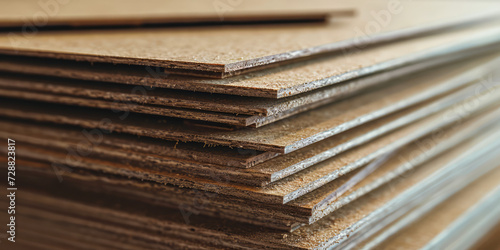 Stacked Chipboard Sheets in Carpentry Workshop. Wallpaper background Close-up of multiple stacked sheets of chipboard, texture and layers of the wood product, nobody.