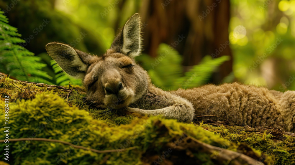 a close up of a kangaroo laying on top of a moss covered ground with trees in the background and a fern in the foreground and a baby kangaroo in the foreground. a close up of a kangaroo laying on top of a moss covered ground with trees in the background and a fern in the foreground and a baby kangaroo in the foreground.