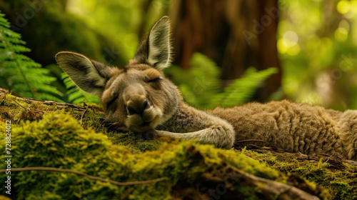  a close up of a kangaroo laying on top of a moss covered ground with trees in the background and a fern in the foreground and a baby kangaroo in the foreground.