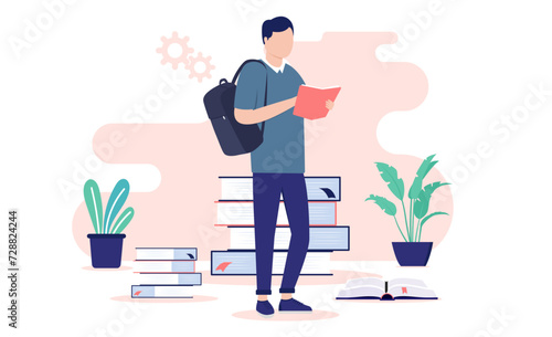 Student reading book - Male person taking education and course, thinking, learning and getting smarter. Education and school work concept in flat design vector illustration with white background