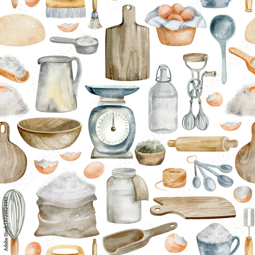 Culinary kitchenware background. Watercolors seamless pattern flour, utensils, dough and sourdough. Vintage household design. Dishware and bakery elements for print.