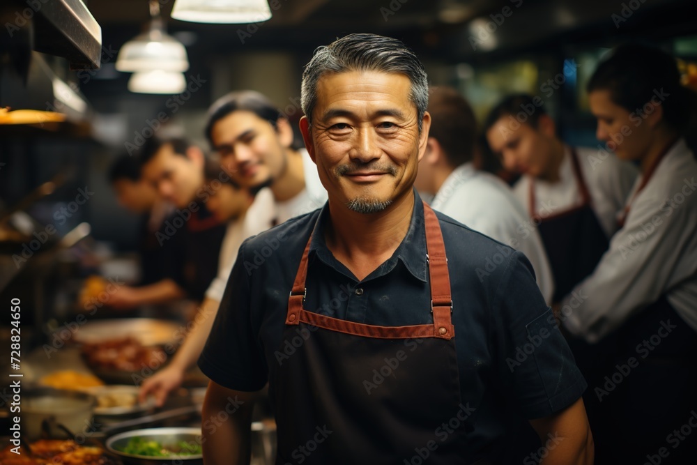Fototapeta premium Mentorship in Motion: The Asian Chef Stands Before His Team, Sharing His Knowledge and Passion for Culinary Excellence