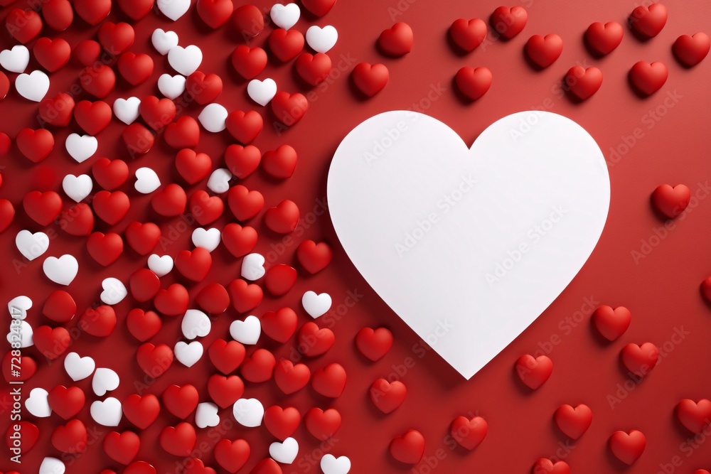 Large white heart around scattered, small red white hearts, red background.Valentine's Day banner with space for your own content. White background color. Blank field for the inscription.