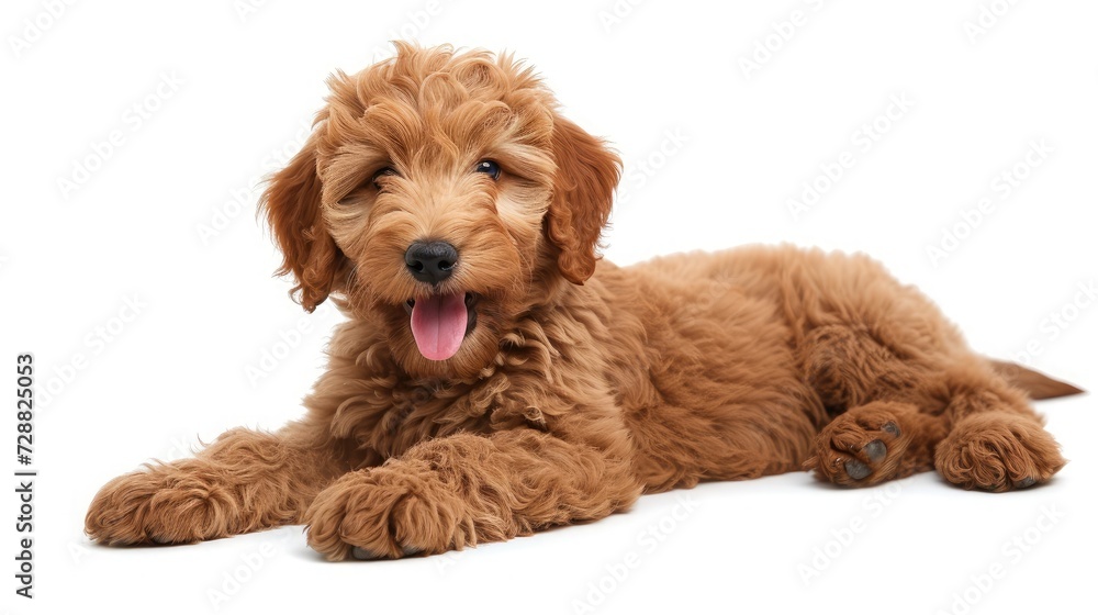 Adorable red abricot Labradoodle dog puppy, laying down side ways, looking towards camera with shiny dark eyes. Isolated on white background. Mouth open showing pink tongue. Adorable red abricot Labradoodle dog puppy, laying down side ways, looking towards camera with shiny dark eyes. Isolated on white background. Mouth open showing pink tongue.