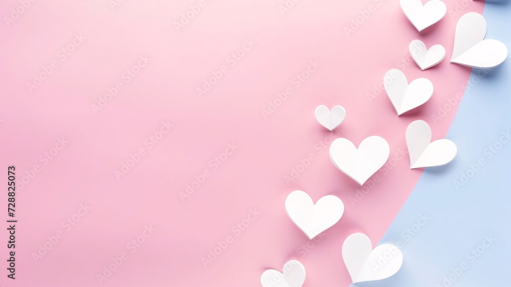 White paper hearts on pink background.Valentine's Day banner with space for your own content. White background color. Blank field for the inscription.