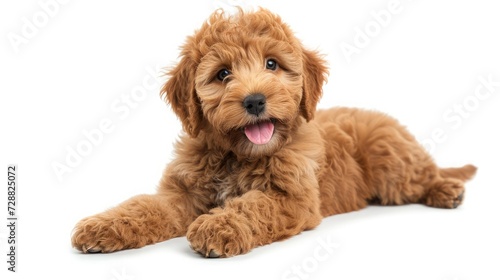 Adorable red abricot Labradoodle dog puppy, laying down side ways, looking towards camera with shiny dark eyes. Isolated on white background. Mouth open showing pink tongue. photo