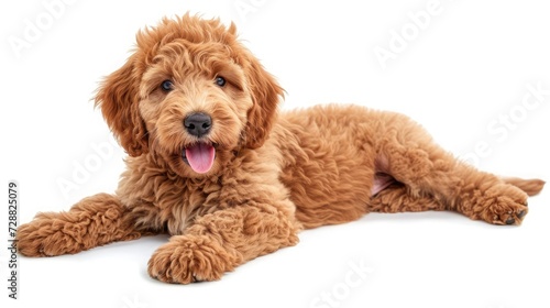 Adorable red abricot Labradoodle dog puppy, laying down side ways, looking towards camera with shiny dark eyes. Isolated on white background. Mouth open showing pink tongue. photo