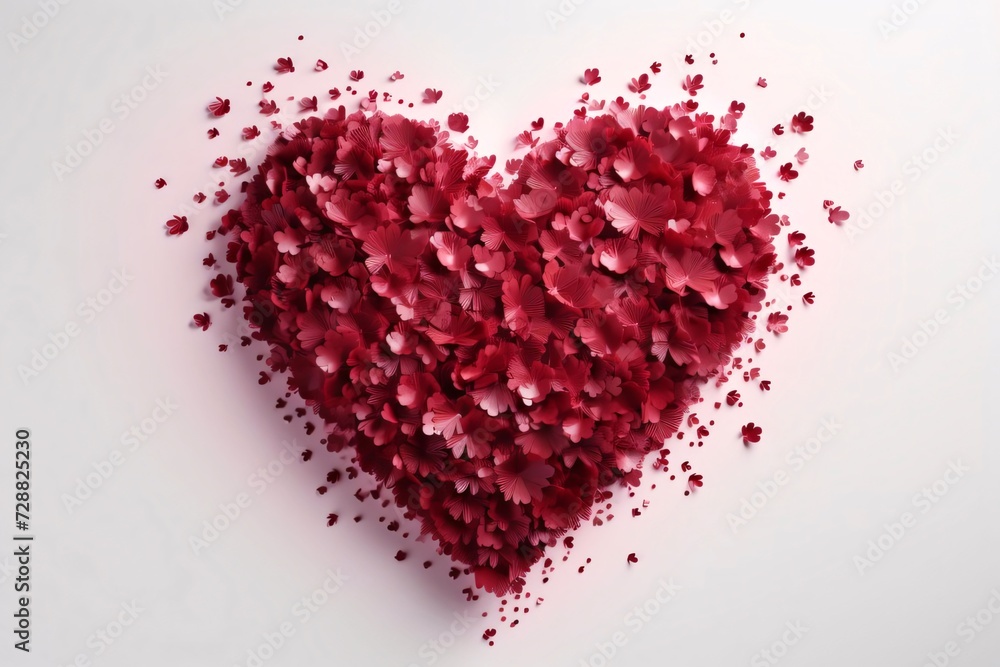Red heart with tiny red particles white isolated background. Heart as a symbol of affection and love.