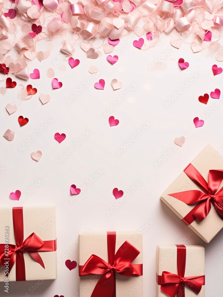 Top view of scattered confetti; white and pink hearts, gifts with red bows.Valentine's Day banner with space for your own content. White background color. Blank field for the inscription.
