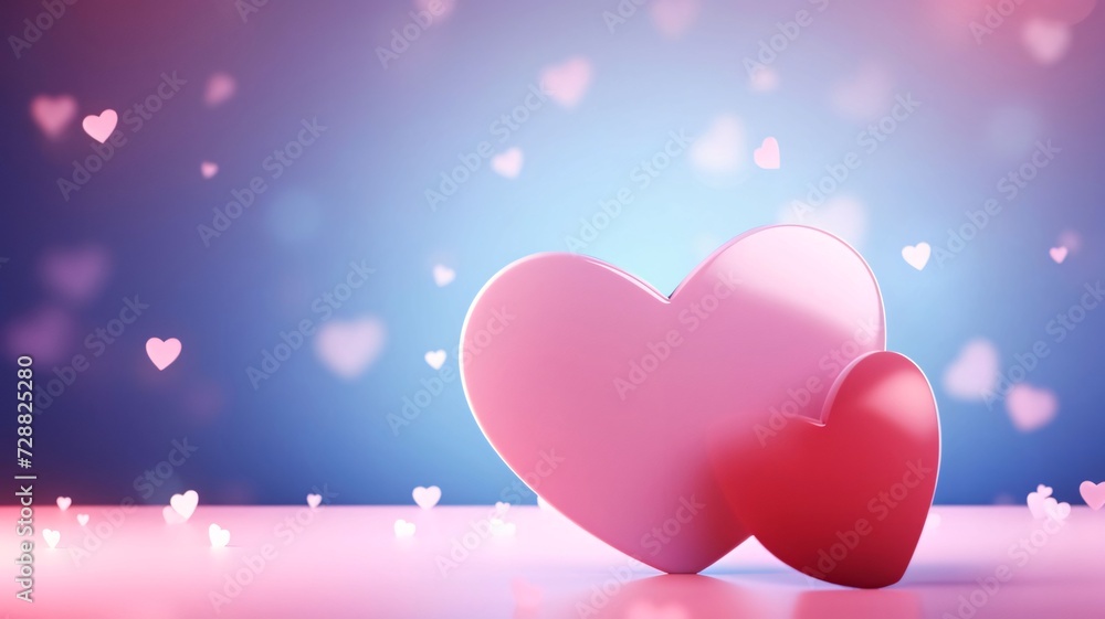 Pink and Red heart on blue background of small hearts.Valentine's Day banner with space for your own content. White background color. Blank field for the inscription.