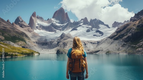 Adventure backpacking woman enjoying view of majestic mountain lake explore travel discover beautiful earth