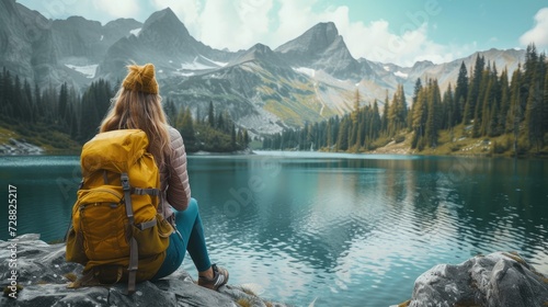 Adventure backpacking woman enjoying view of majestic mountain lake explore travel discover beautiful earth