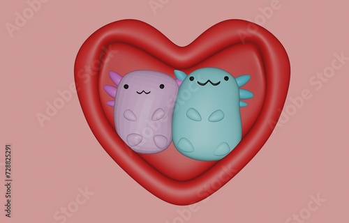 cute illustration of axolotl couple inside a heart, red love, valentine