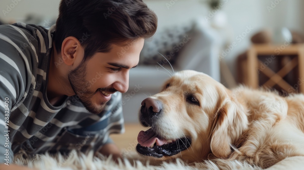 Best friend concept. Millennial Arab man scratching his dog on floor at home, selective focus. Young Eastern guy playing with his adorable pet, spending time Best friend concept. Millennial Arab man scratching his dog on floor at home, selective focus. Young Eastern guy playing with his adorable pet, spending time