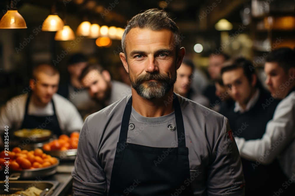 Inspirational Mentor: The White Chef Stands Before His Team, Empowering Them with His Culinary Wisdom and Dedication to Craft Inspirational Mentor: The White Chef Stands Before His Team, Empowering Them with His Culinary Wisdom and Dedication to Craft