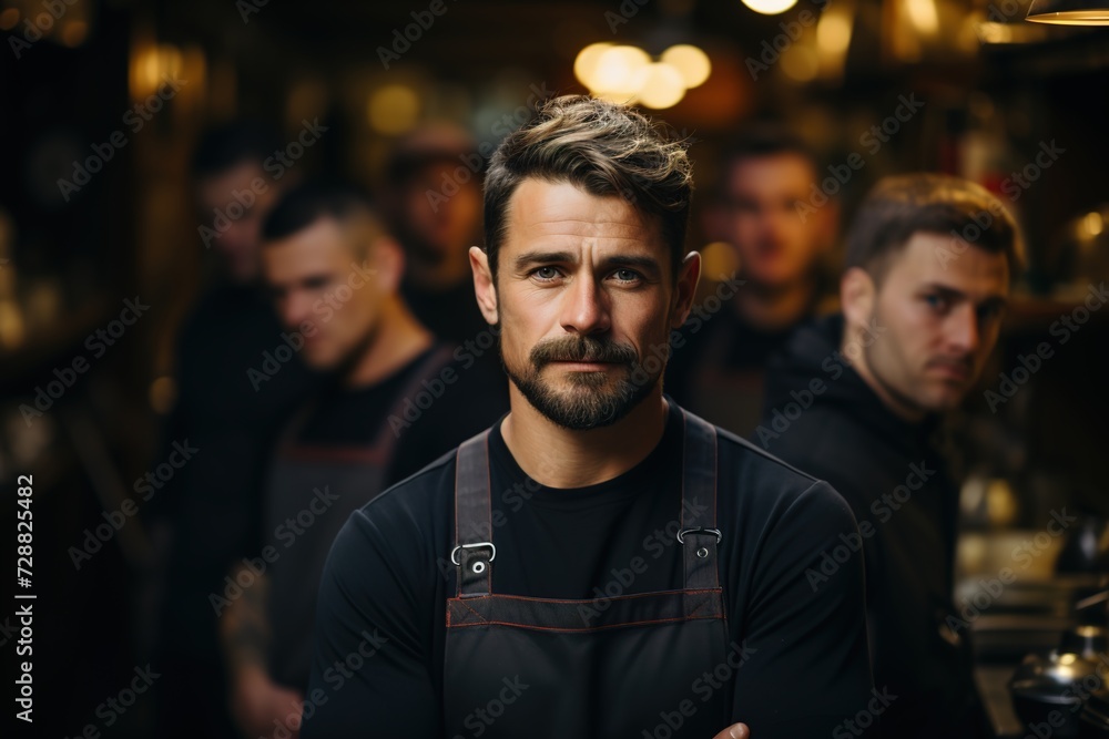 Mastery of Taste: The White Chef Stands Confidently in Front of His Team, Leading by Example in the Pursuit of Culinary Perfection Mastery of Taste: The White Chef Stands Confidently in Front of His Team, Leading by Example in the Pursuit of Culinary Perfection