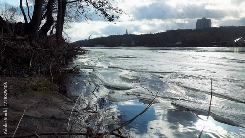 Spring and melting ice on Dnipro river, Kyiv, Ukraine