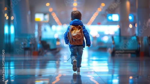 Boy with backpack at the airport running towards departure gate