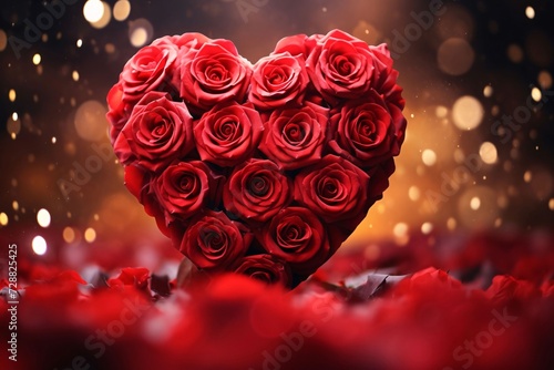 Red heart made of rose petals, scattered petals all around, bright bokeh effect in the background.Valentine's Day banner with space for your own content.