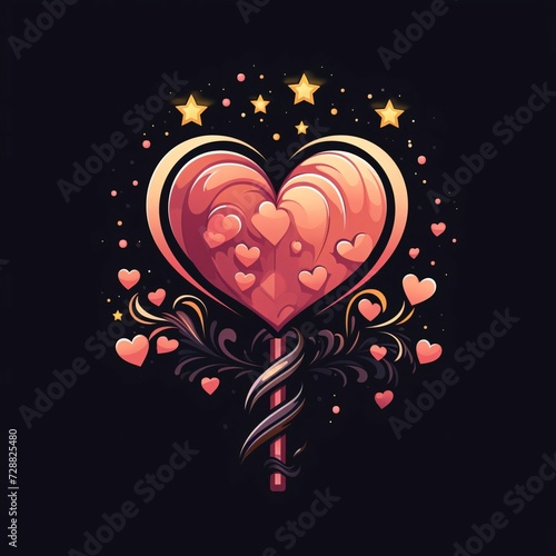 Abstract illustration, heart-shaped lollipop, around a star, Black background.Valentine's Day banner with space for your own content.