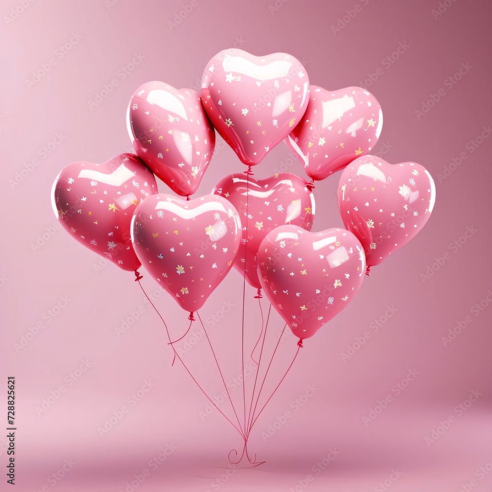 Pink heart-shaped balloons tied with strings. Bright background.Valentine's Day banner with space for your own content.