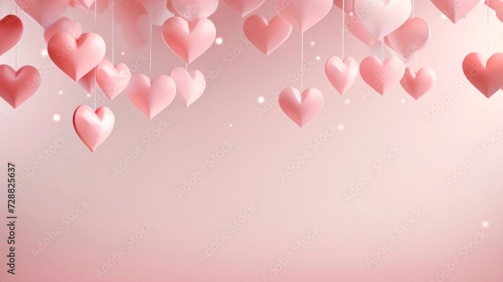 View of white and pink Hearts hanging at the top on strings.Valentine's Day banner with space for your own content.