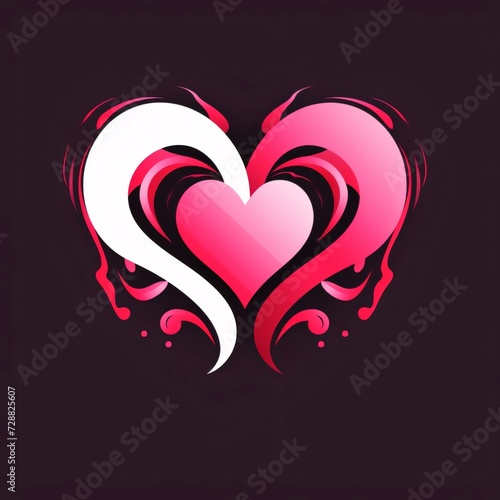 Pink heart with rays forming a large heart, logo concept, black background.Valentine's Day banner with space for your own content.