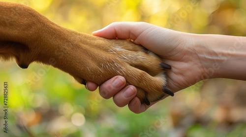 Dog is giving paw to the woman. Dog's paw in human's hand. Domestic pet © buraratn