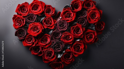 Big heart with red rose flowers, dark background.Valentine's Day banner with space for your own content.
