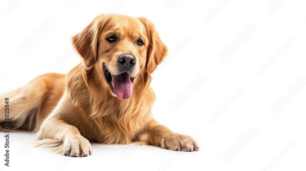 Happy sitting and panting Golden retriever dog looking at camera, Isolated on white Happy sitting and panting Golden retriever dog looking at camera, Isolated on white