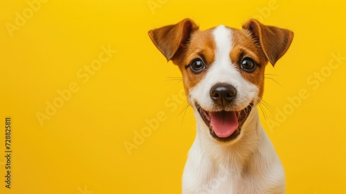 Happy puppy dog smiling on isolated yellow background.