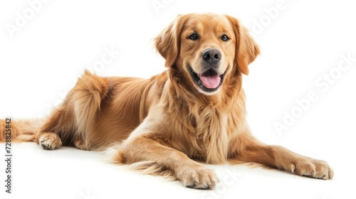 Happy sitting and panting Golden retriever dog looking at camera, Isolated on white © buraratn
