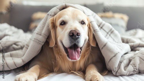 Happy smiling young golden retriever dog under light gray plaid. Pet warms under a blanket in cold winter weather. Pets friendly and care concept.