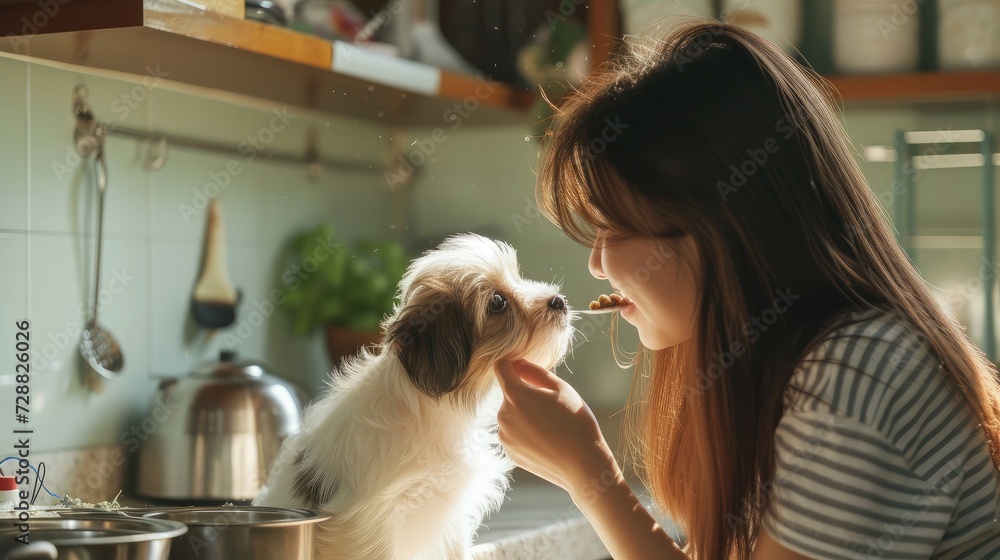Loving young asian woman petting and feeding her cute long-coat jack russel terrier puppy, kitchen interior, side view, copy space. Pets feeding, healthy, nutritive food for dogs, puppies Loving young asian woman petting and feeding her cute long-coat jack russel terrier puppy, kitchen interior, side view, copy space. Pets feeding, healthy, nutritive food for dogs, puppies