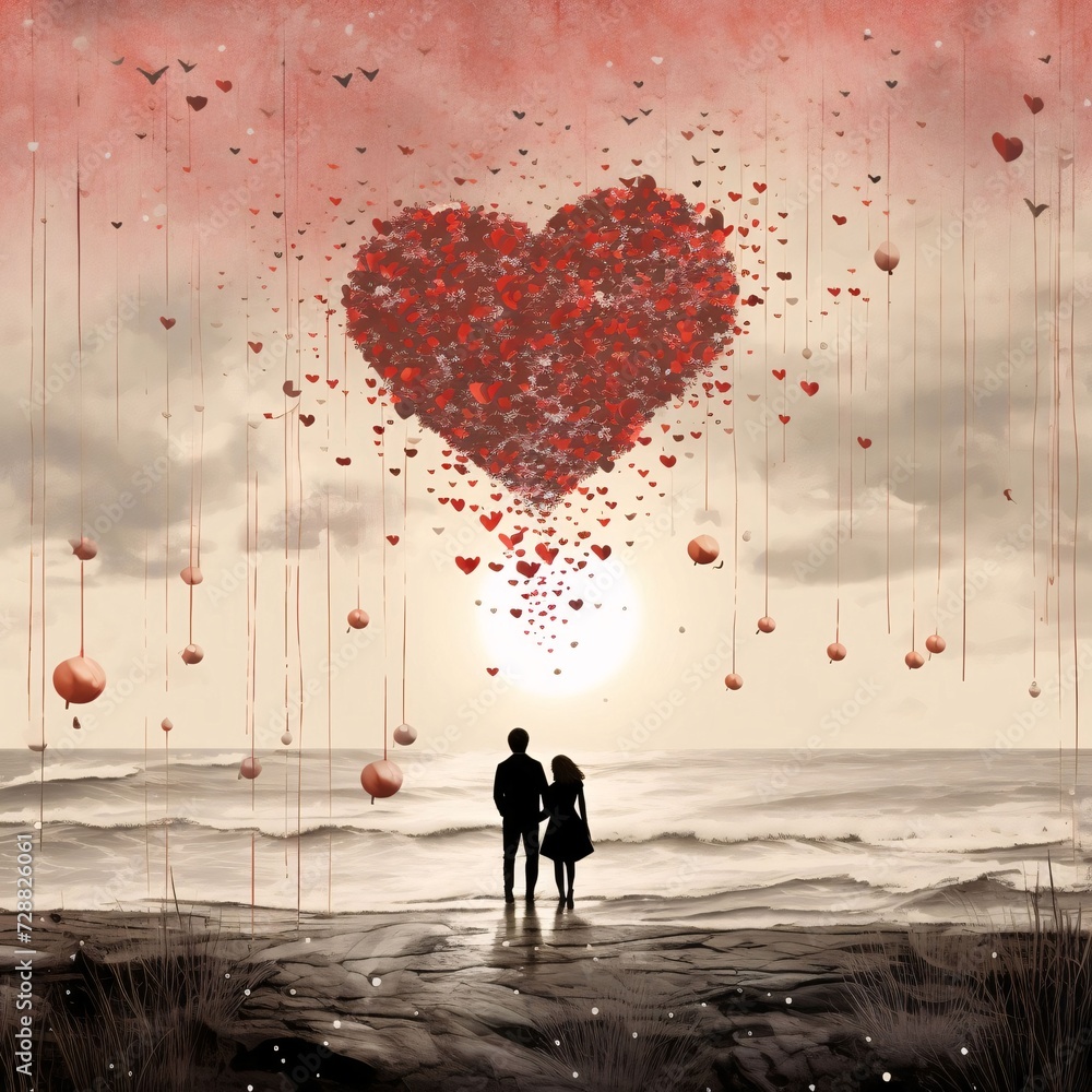 A couple in love standing under a large heart made of tiny hearts on a light background, with dry tree trunks all around. Heart as a symbol of affection and love.