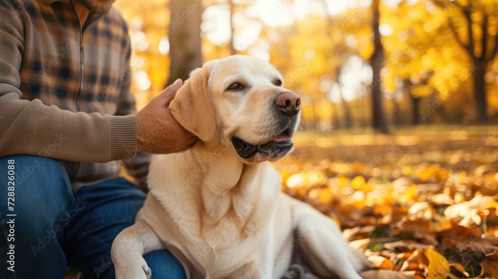 Man stroking his old dog. Loyal labrador retriever enjoying autumn sunny say with his owner.