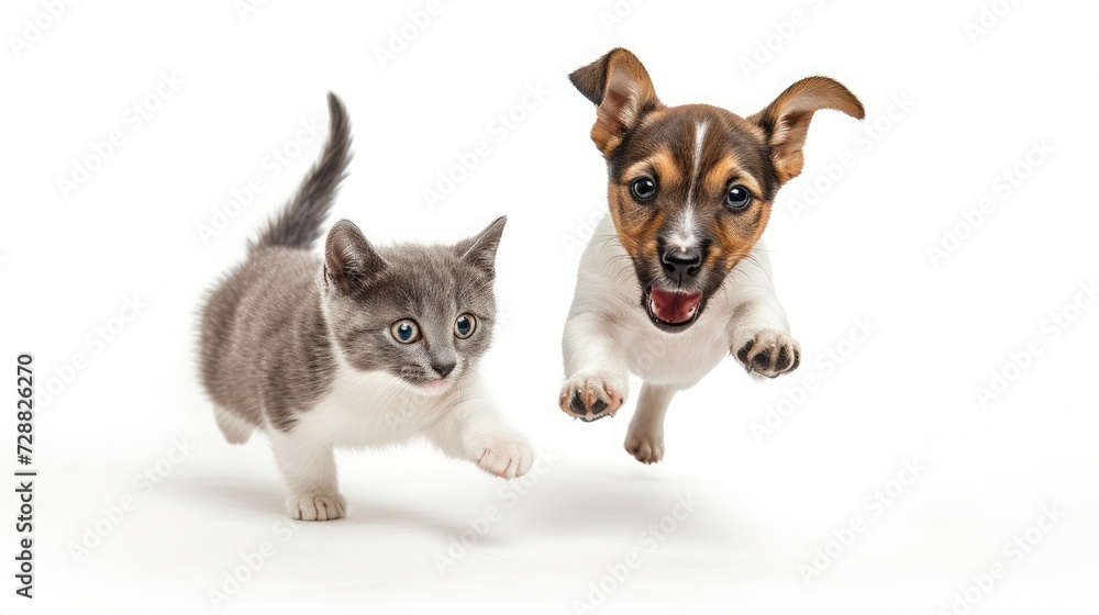 Portrait of jumping, happy puppy of Jack Russell Terrier and grey cat on white background. Free space for text. Wide angle horizontal wallpaper or web banner.