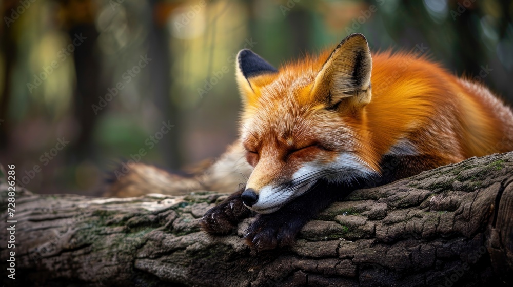 a close up of a fox sleeping on a tree branch with its eyes closed and it's head resting on the branch of a tree in a wooded area. a close up of a fox sleeping on a tree branch with its eyes closed and it's head resting on the branch of a tree in a wooded area.