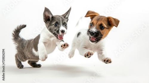 Portrait of jumping, happy puppy of Jack Russell Terrier and grey cat on white background. Free space for text. Wide angle horizontal wallpaper or web banner.