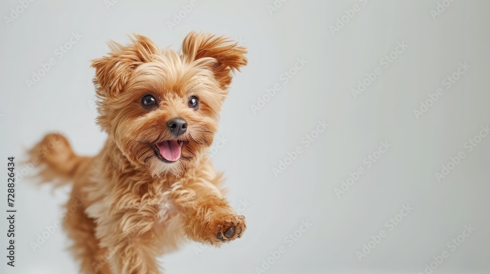 Sincere emotions. Maltipu little dog is posing. Cute playful braun doggy or pet playing on white studio background. Concept of motion, action, movement, pets love. Looks happy, delighted, funny. Sincere emotions. Maltipu little dog is posing. Cute playful braun doggy or pet playing on white studio background. Concept of motion, action, movement, pets love. Looks happy, delighted, funny.