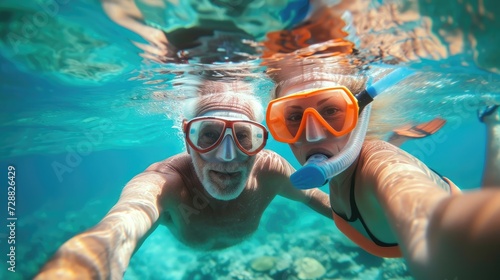 Senior happy couple taking selfie in tropical sea excursion with water camera - Boat trip snorkeling in exotic scenarios - Active retired elderly and fun concept on scuba diving