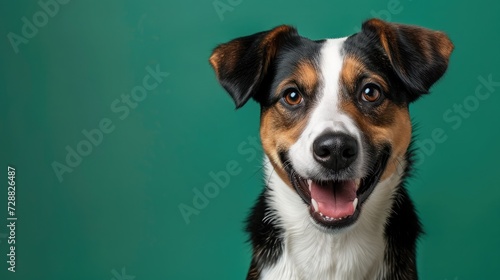 studio headshot portrait of brown white and black medium mixed breed dog smiling against a green background © buraratn