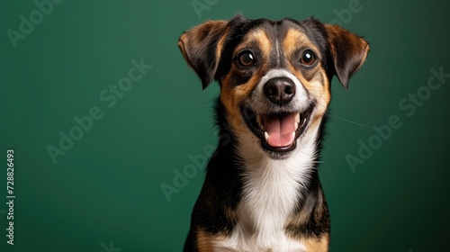 studio headshot portrait of brown white and black medium mixed breed dog smiling against a green background