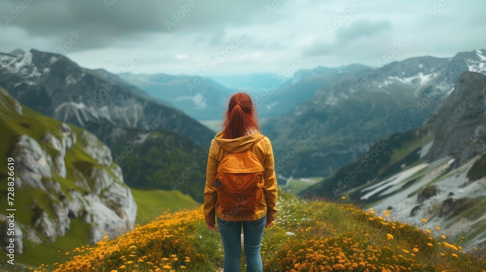 Naklejka premium Travel.Freedom, girl gen z travels through the mountains of wild nature. Unity, mental health, eco travel. Hiking, travel, good times, digital detox, self care,eco travel to the mountains