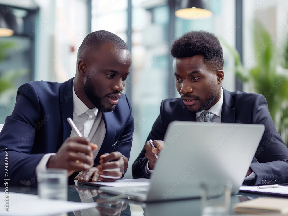 Two dark-skinned partners of an African American businessman in a meeting work on a laptop in the office. Affordable private courses and distance learning. New opportunities online Two dark-skinned partners of an African American businessman in a meeting work on a laptop in the office. Affordable private courses and distance learning. New opportunities online