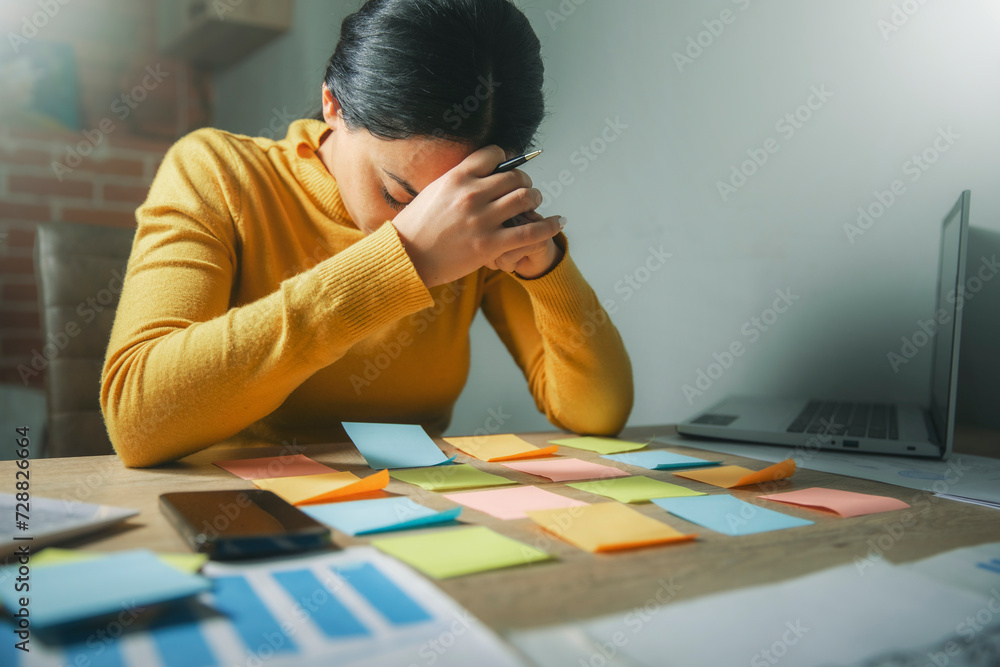 a woman sitting at a desk with sticky notes on the table a woman sitting at a desk with sticky notes on the table