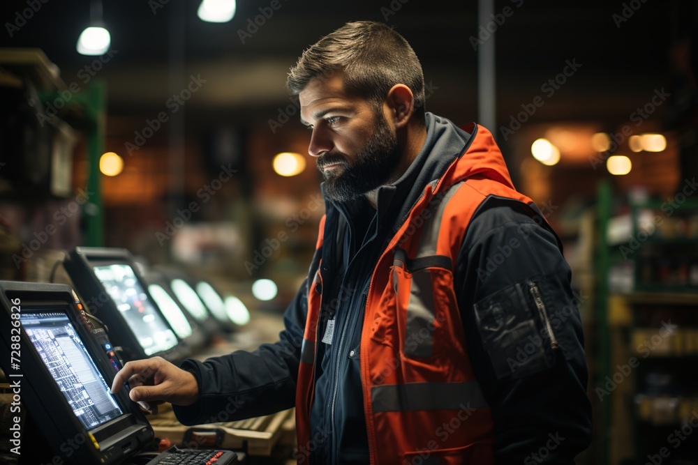 Warehouse Navigator: A Salesman Stands Amongst Rows of Products in a Hardware Warehouse, Scanning Items to Guide Customers Towards Their Ideal Tools
