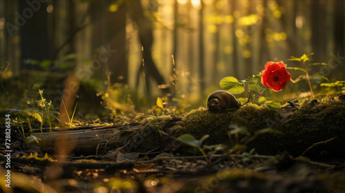  a red flower sitting on top of a moss covered ground in the middle of a forest with a snail crawling on it's side of the mossy ground.
